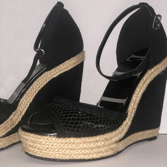 ELLE Espadrille Black and Tan Wedge Sandals Chunky Shoes 6 - Black and Tan - Picture 2 of 3